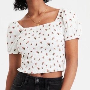 American Eagle Outfitters white floral print smocked corduroy puff sleeve top